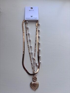 Gold Pearl Multi-Chain Heart Pendant Necklace